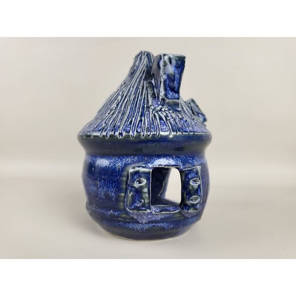 Cobalt Blue Glazed Art Pottery Fairy Cottage Tealight Candle Holder Artist Marke - Picture 7 of 14